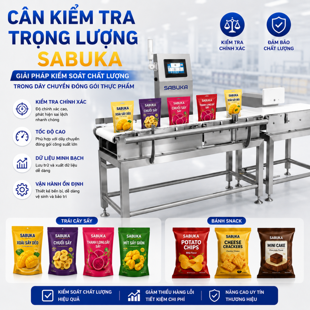 Checkweigher là thiết bị quan trọng giúp kiểm tra chính xác khối lượng thực tế của từng sản phẩm sau khi hoàn tất công đoạn đóng gói
