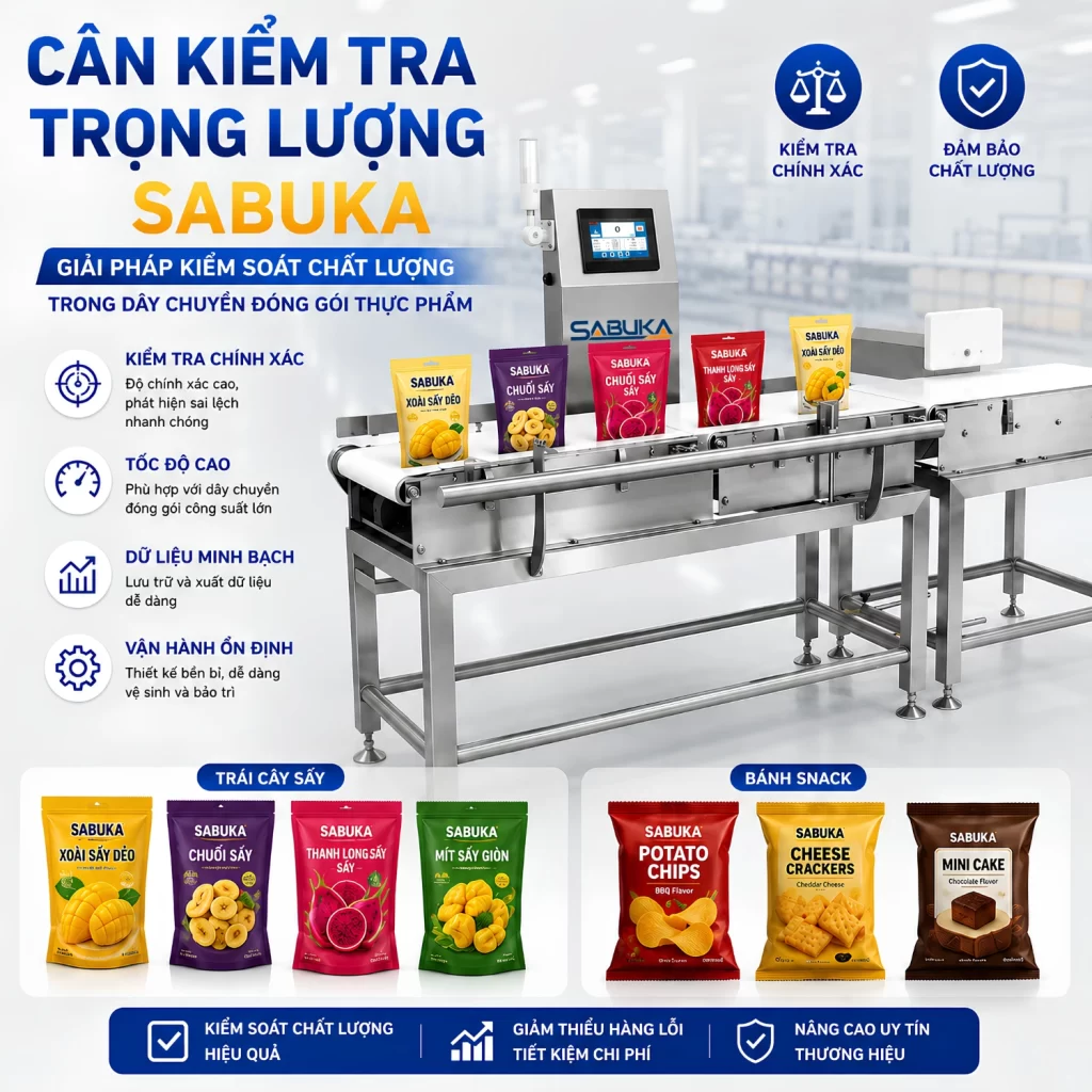 Checkweigher là thiết bị quan trọng giúp kiểm tra chính xác khối lượng thực tế của từng sản phẩm sau khi hoàn tất công đoạn đóng gói