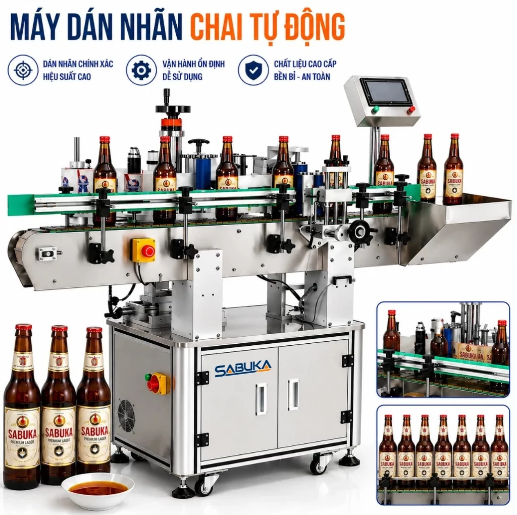 Máy dán nhãn chai trong dây chuyền chiết rót