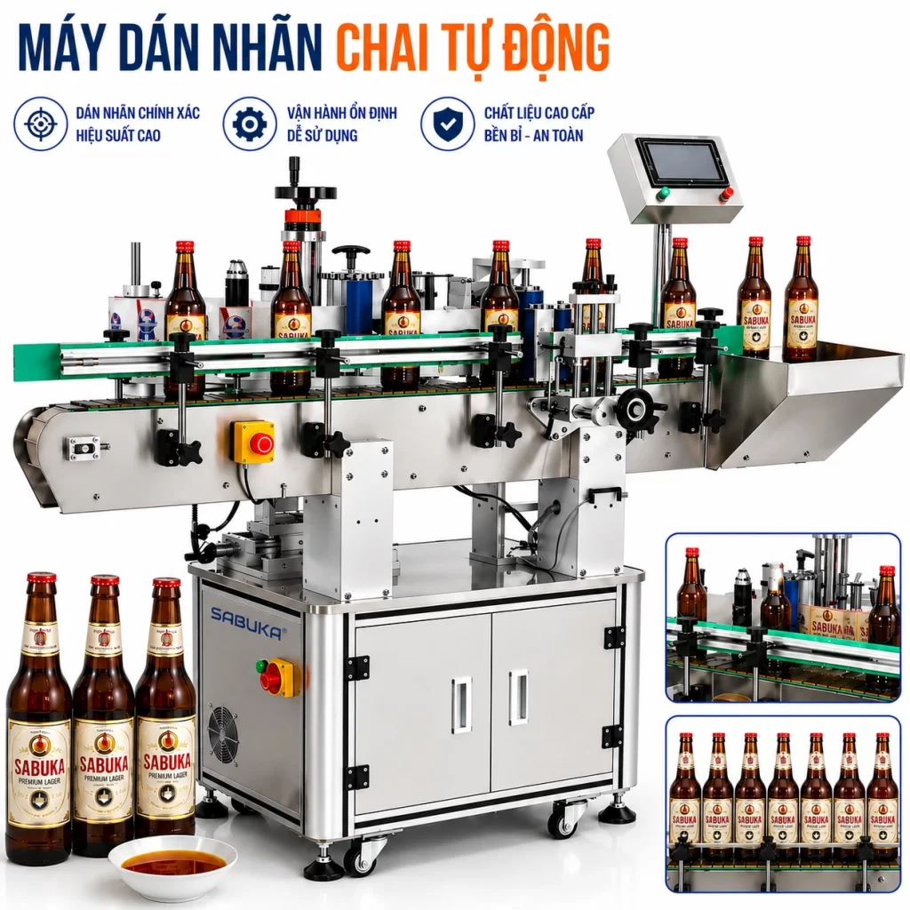 Máy dán nhãn chai trong dây chuyền chiết rót
