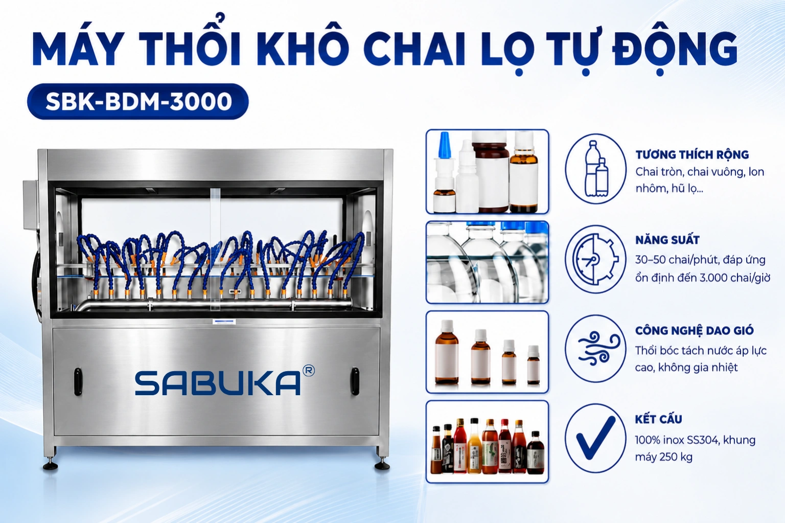Máy thổi khô chai lọ tự động