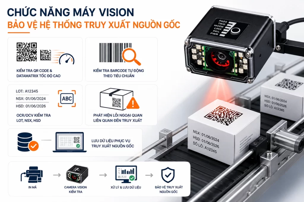 Camera còn hỗ trợ kiểm tra chất lượng mã vạch, xác minh dữ liệu và truy xuất thông tin sản xuất hiệu quả