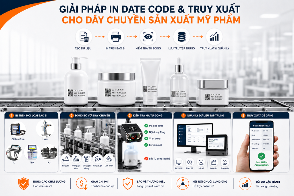 Giải pháp in date code và truy xuất cho dây chuyền sản xuất mỹ phẩm