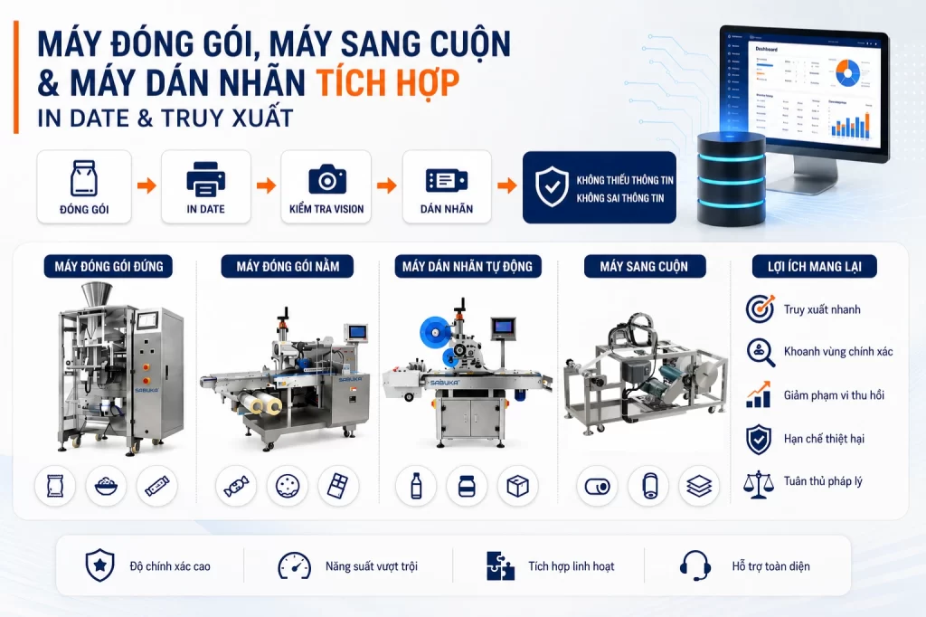 Tích hợp với băng tải, máy đóng gói và máy sang cuộn