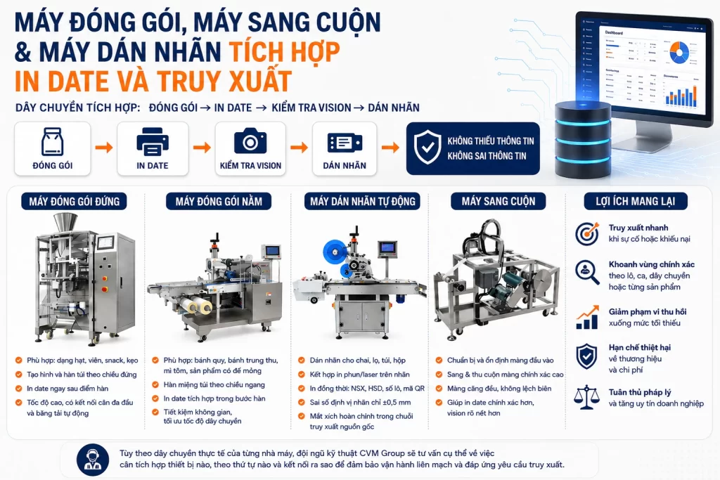 Máy đóng gói, máy sang cuộn và máy dán nhãn tích hợp in date và truy xuất