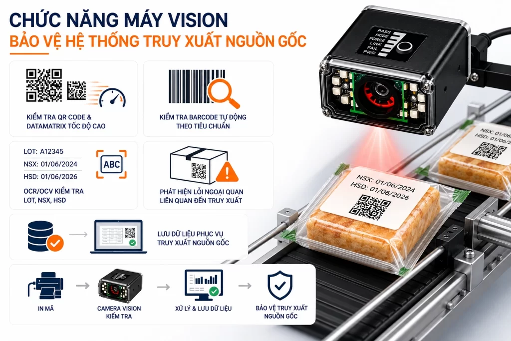 Camera còn hỗ trợ kiểm tra chất lượng mã vạch, xác minh dữ liệu và truy xuất thông tin sản xuất hiệu quả