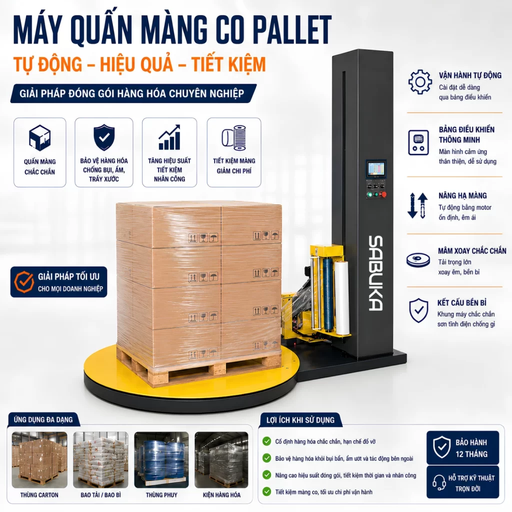 Máy quấn màng co pallet trong dây chuyền đóng gói thực phẩm tự động