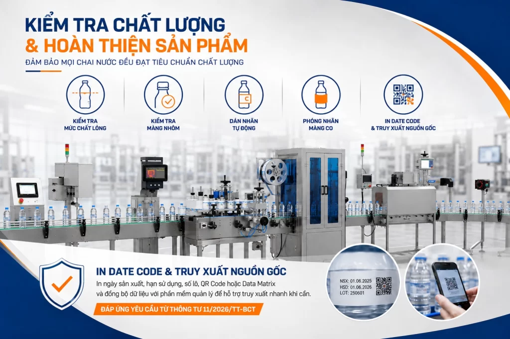 Kiểm tra chất lượng và hoàn thiện sản phẩm với dây chuyền chiết rót nước tinh khiết