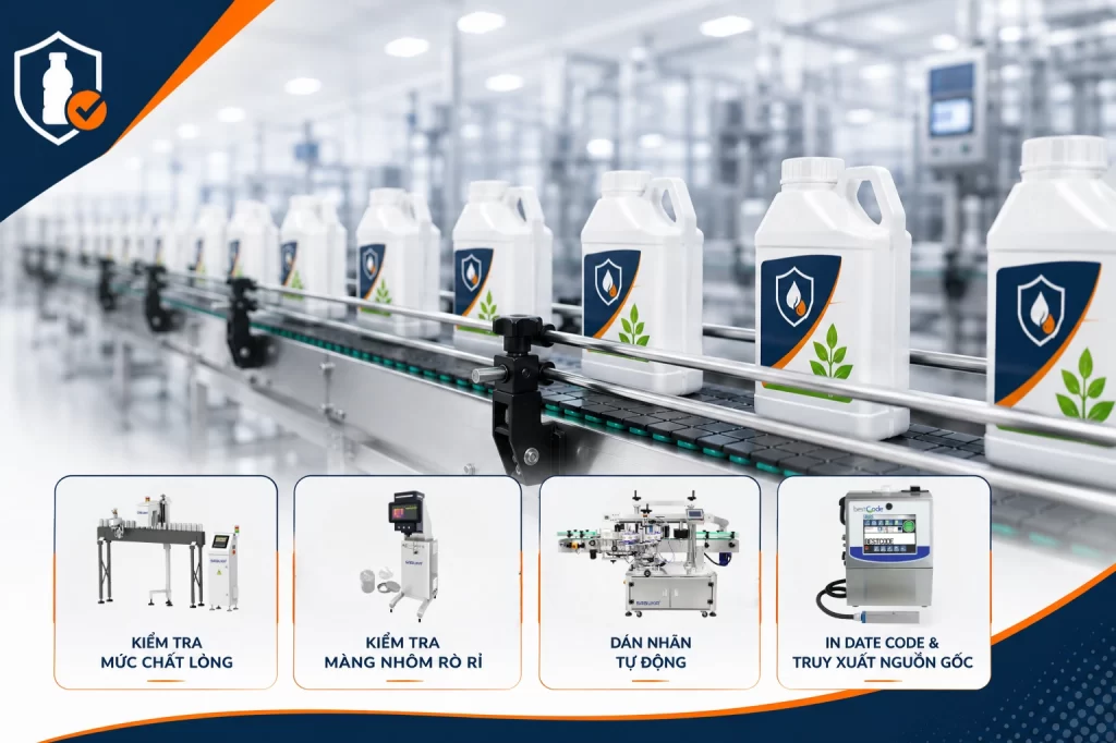 Kiểm tra chất lượng chai thuốc bảo vệ thực vật trước khi đóng gói