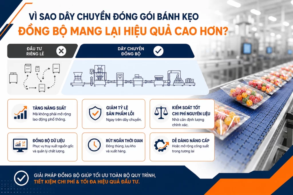 Vì sao dây chuyền đóng gói bánh kẹo đồng bộ mang lại hiệu quả cao hơn đầu tư từng thiết bị riêng lẻ?