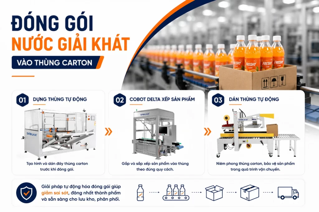 Đóng gói chai hoặc lon nước giải khát vào thùng carton