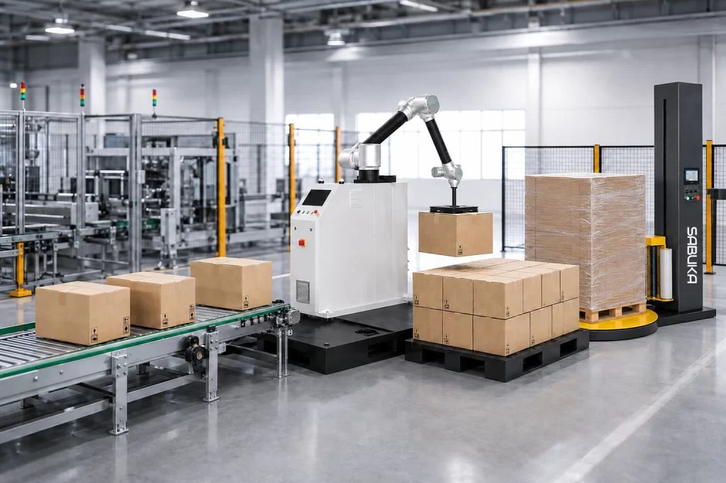Robot cộng tác xếp hàng lên pallet