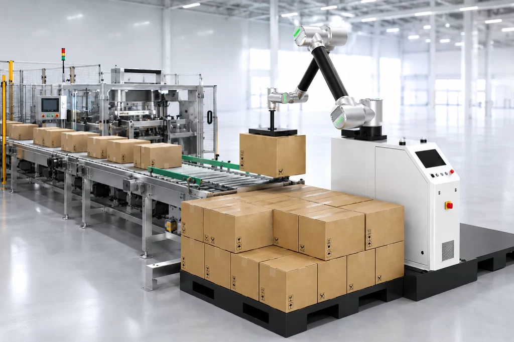 Giải pháp robot bốc xếp hàng lên pallet tự động cuối dây chuyền đóng gói