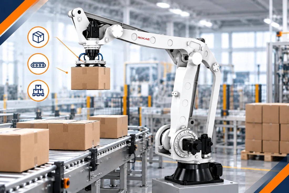 Cánh tay robot công nghiệp tự động xử lý sản phẩm trên băng tải