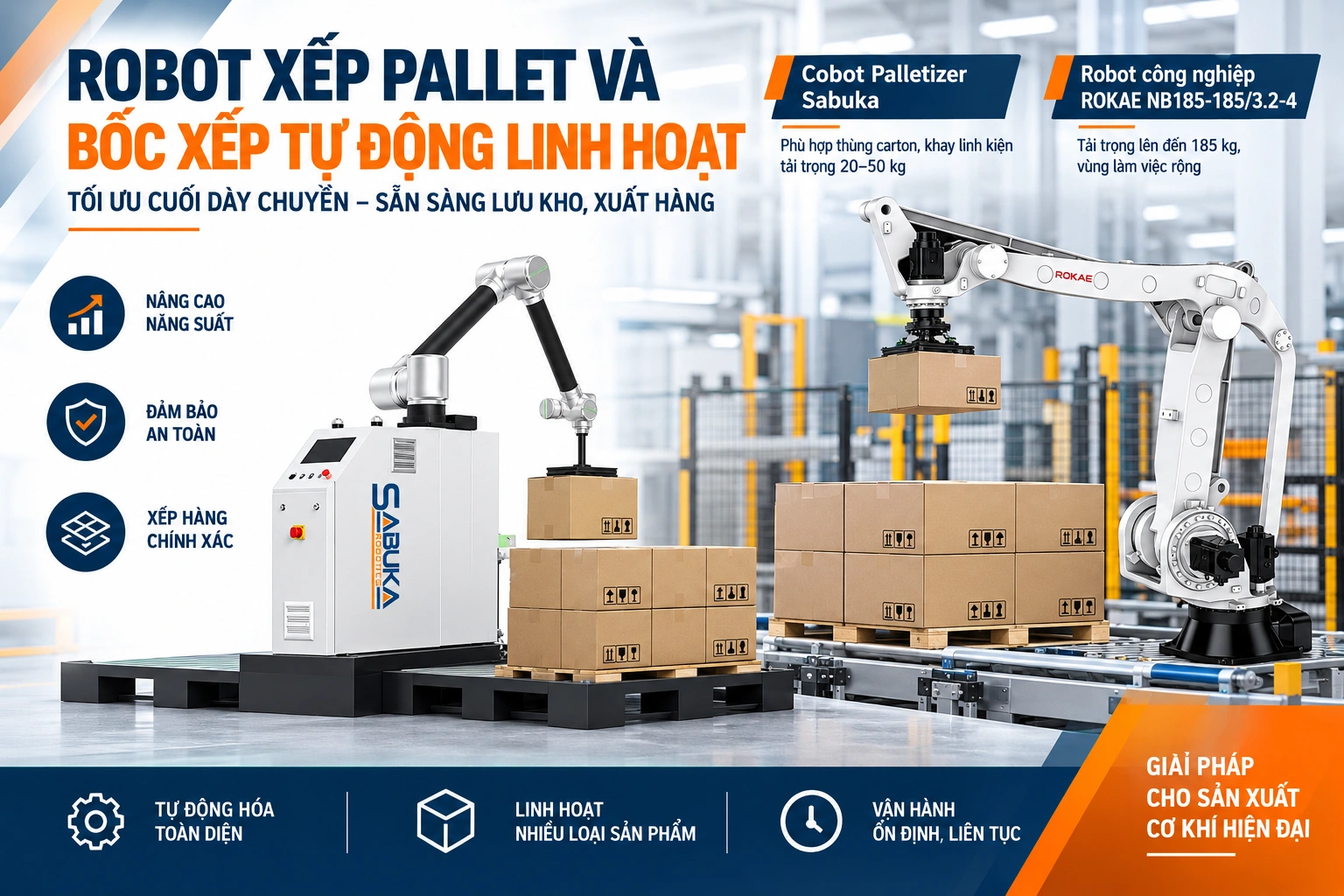 Tự động xếp pallet bằng Cobot và robot công nghiệp
