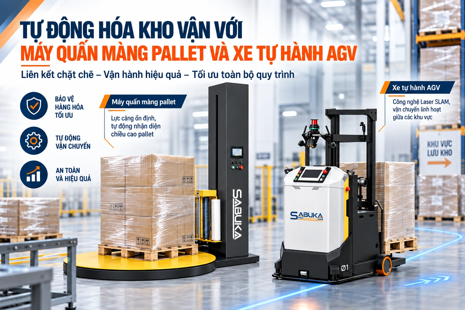 Tự động quấn màng pallet và vận chuyển nội bộ bằng AGV