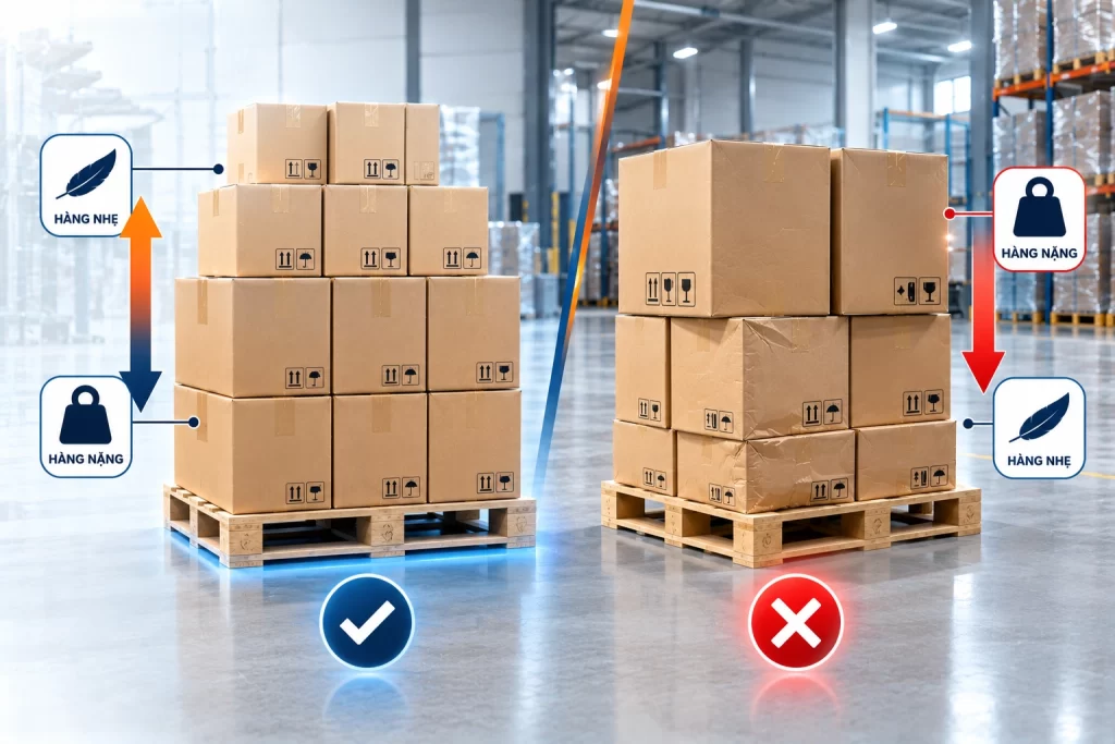 Xếp hàng lên pallet nặng ở dưới, hàng nhẹ ở trên