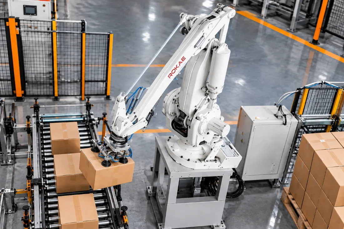 Cánh tay robot tự động gắp và xử lý sản phẩm trên dây chuyền