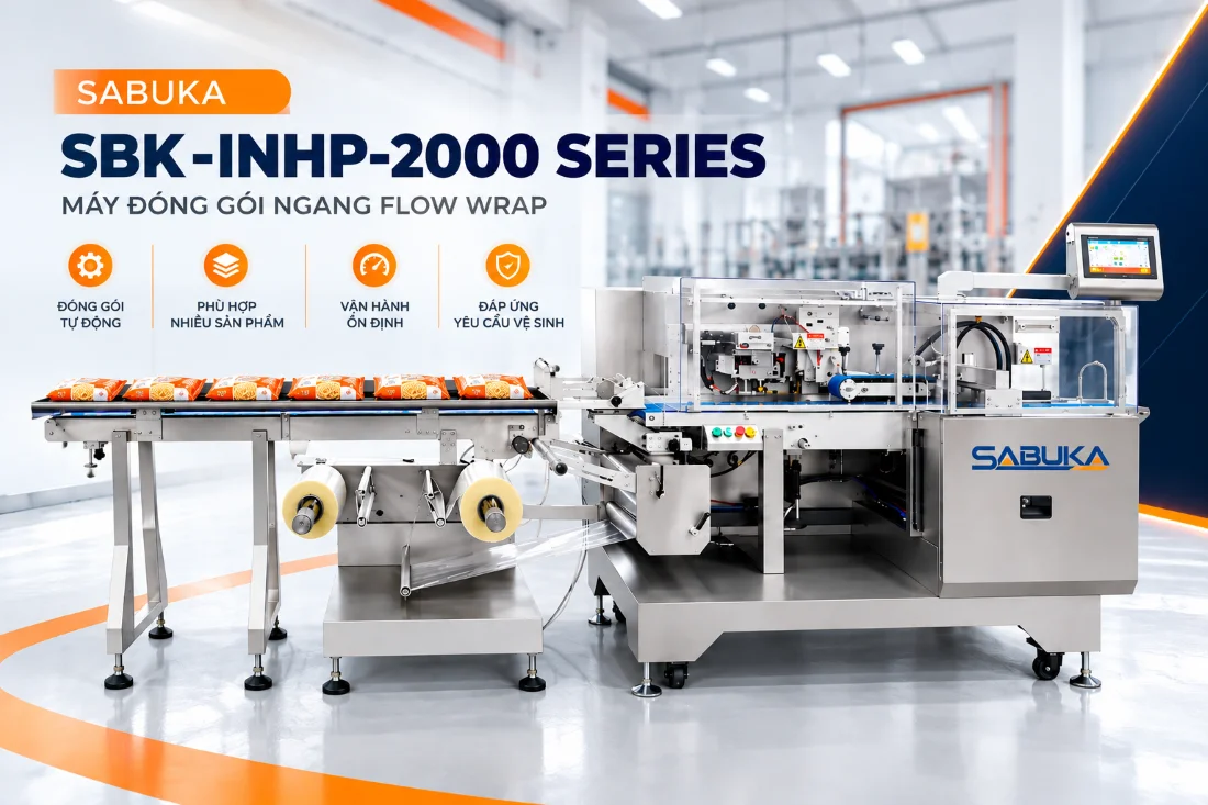 Máy đóng gói ngang Sabuka SBK-INHP-2000 Series trong dây chuyền đóng gói mì tôm