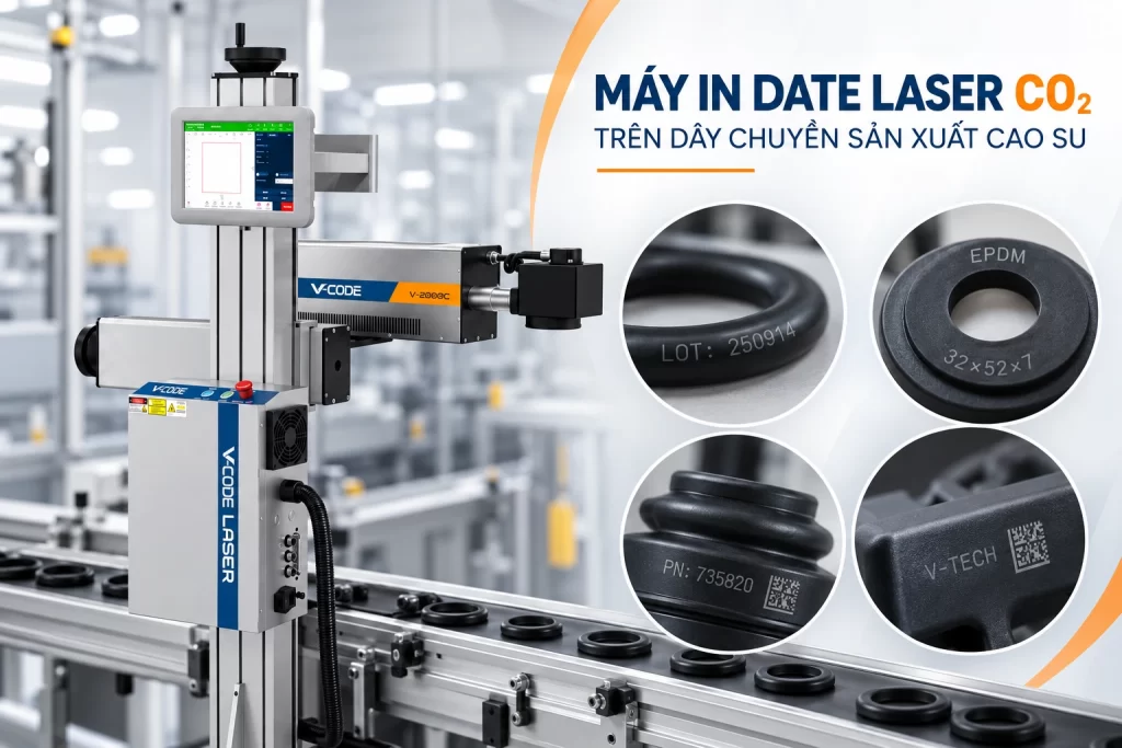 Máy in date Laser CO₂ trên dây chuyền sản xuất cao su