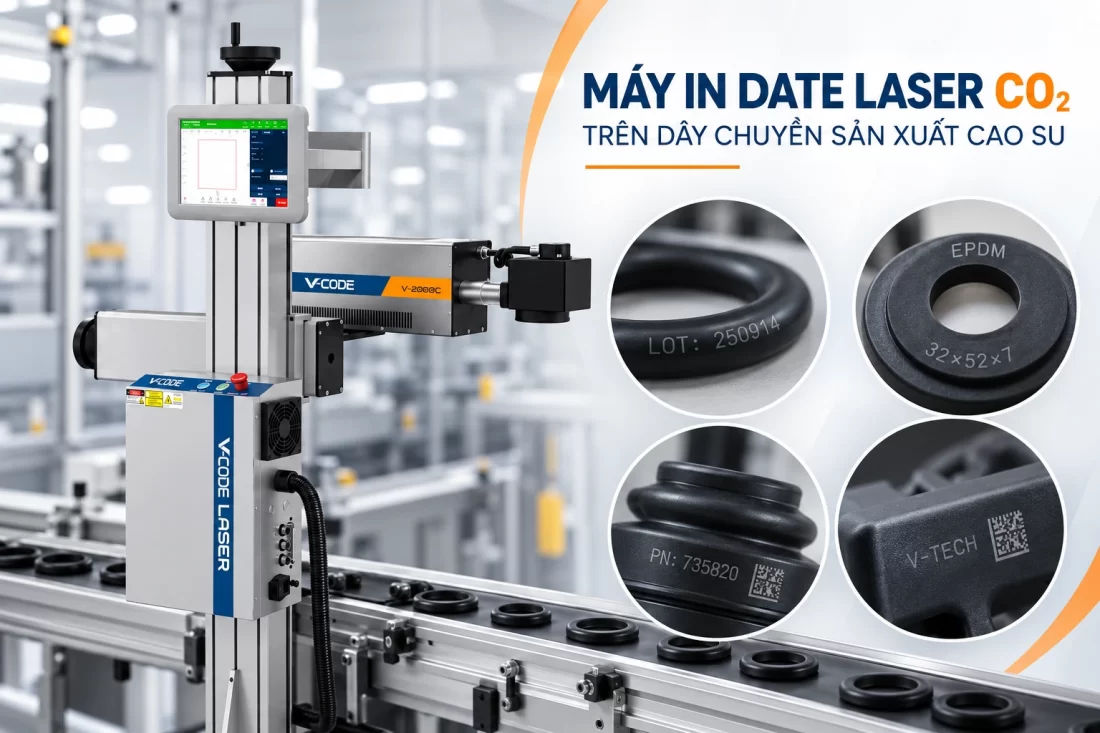 Máy in date Laser CO₂ trên dây chuyền sản xuất cao su