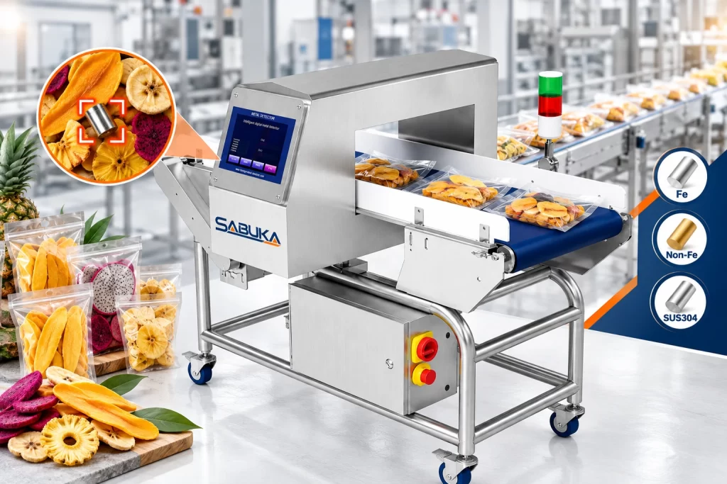 Máy dò kim loại nông sản trong dây chuyền sản xuất trái cây sấy