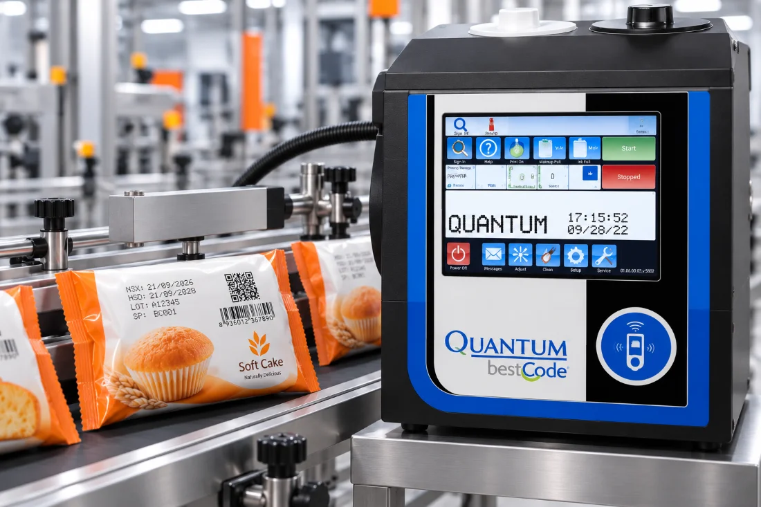 Máy in phun date BestCode Quantum tích hợp trên dây chuyền đóng gói