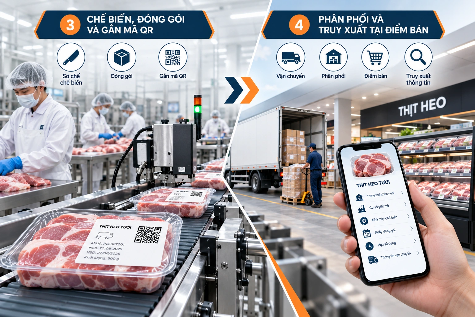 Quy trình truy xuất nguồn gốc thịt heo bằng QR Code trong dây chuyền sản xuất