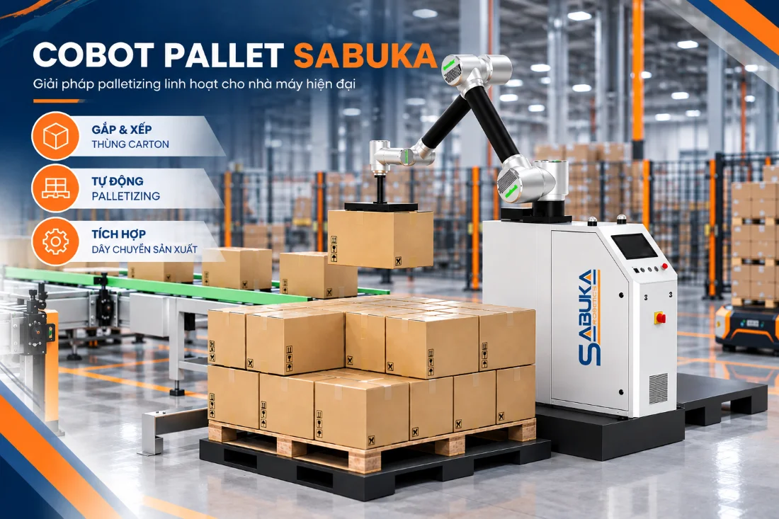 Cobot Pallet Sabuka tự động gắp, xếp thùng carton lên pallet