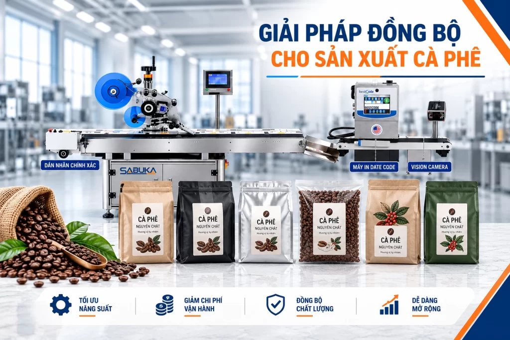 Giải pháp máy dán nhãn túi cà phê đồng bộ cho doanh nghiệp sản xuất