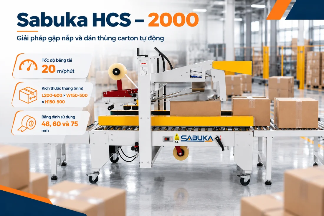 Máy dán băng dính thùng carton có búa gập Sabuka HCS – 2000
