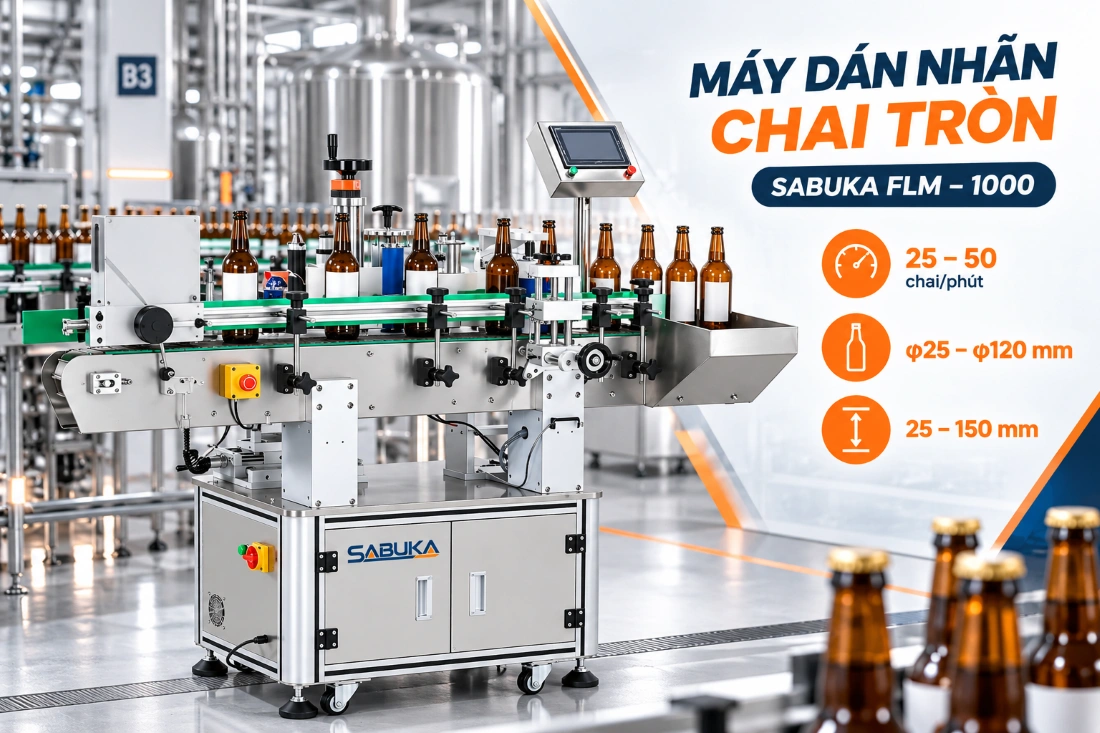 Máy dán nhãn chai bia tròn Sabuka FLM – 1000