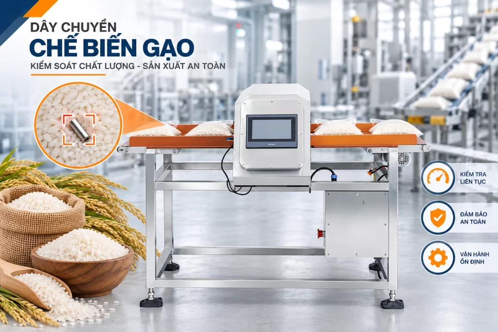 Máy dò kim loại nông sản trong dây chuyền chế biến gạo