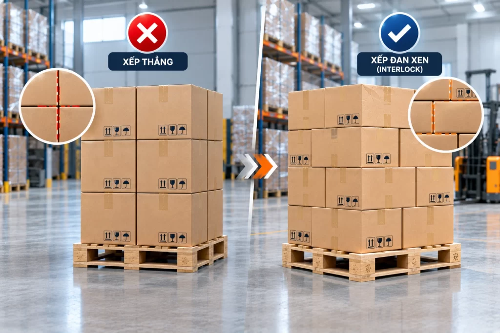 Xếp thùng carton theo kiểu đan xen (Interlock)
