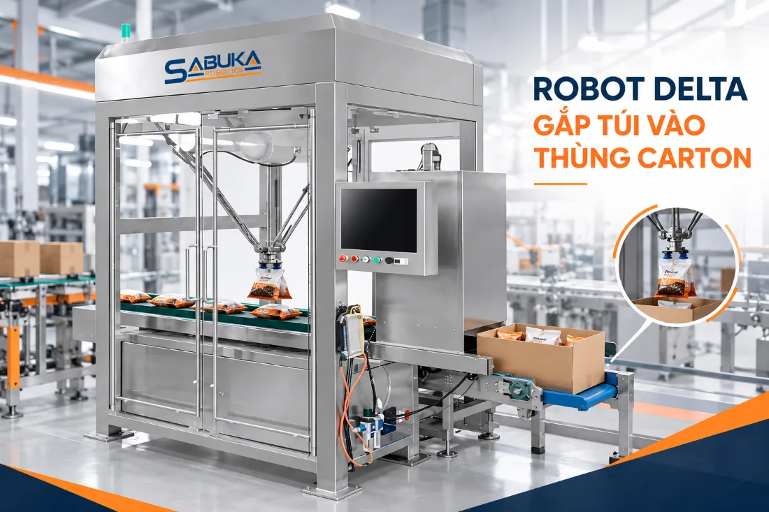 Robot Delta tự động gắp và xếp túi vào thùng carton