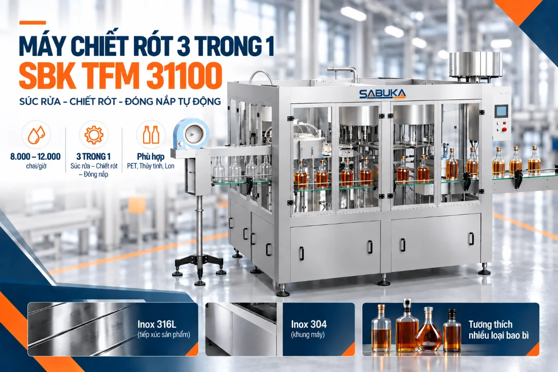 Máy chiết rót 3 in 1 Sabuka SBK TFM 31100 ứng dụng trong sản xuất rượu