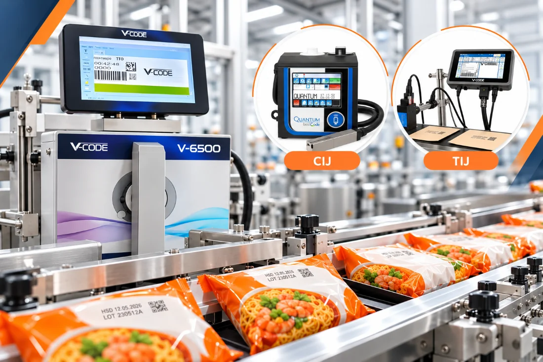 Giải pháp in date tích hợp trên dây chuyền đóng gói mì tôm