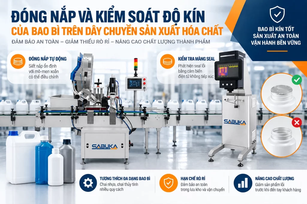 Đóng nắp và kiểm soát độ kín của bao bì trên dây chuyền sản xuất hóa chất