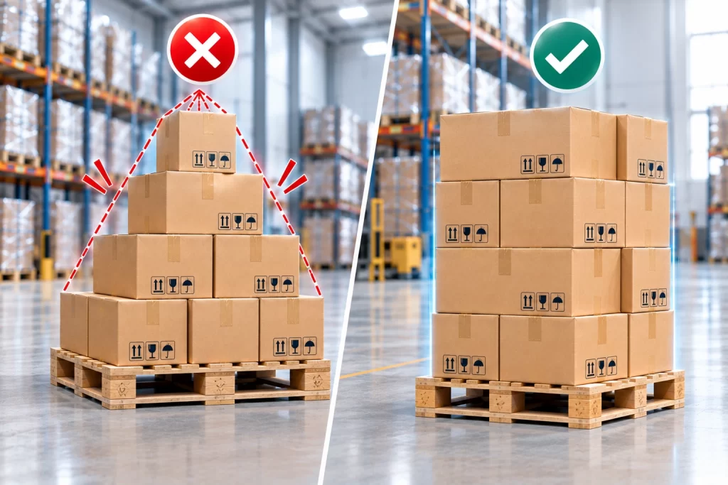 Không xếp hàng lên pallet theo dạng kim tự tháp