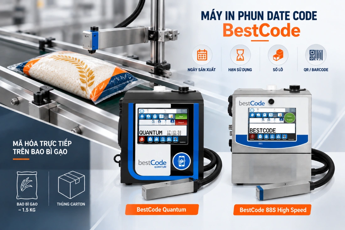 Máy in BestCode tích hợp trên dây chuyền đóng gói gạo