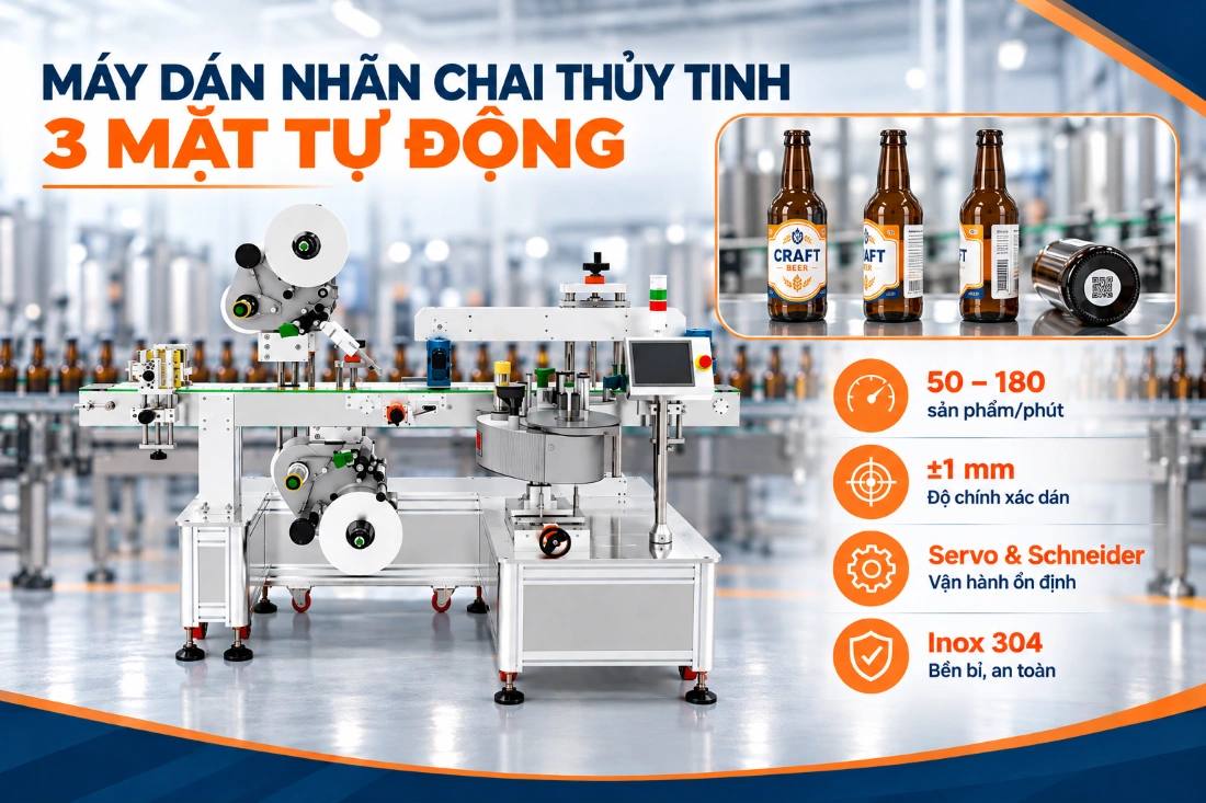 Máy dán nhãn chai bia thủy tinh 3 mặt tự động