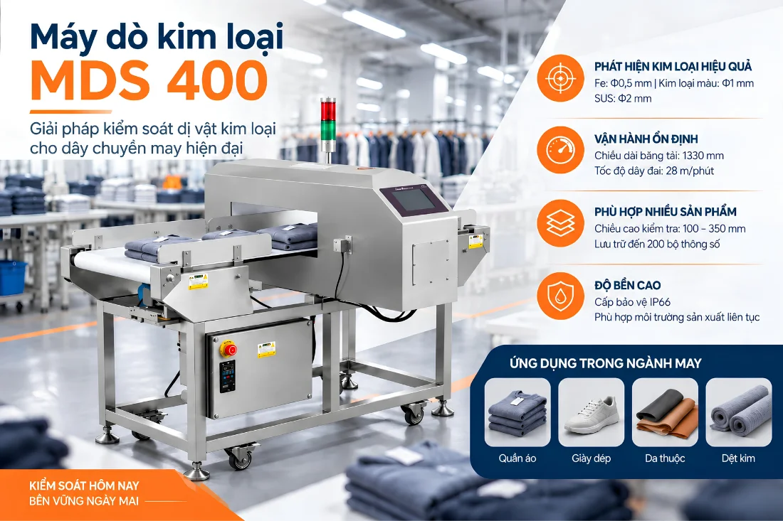 Máy dò kim loại trong may mặc MDS 400 cho dây chuyền cần kiểm tra liên tục