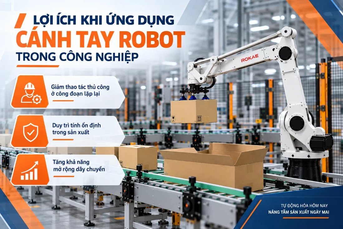 Cánh tay robot công nghiệp giúp giảm thao tác thủ công và nâng cao tính ổn định