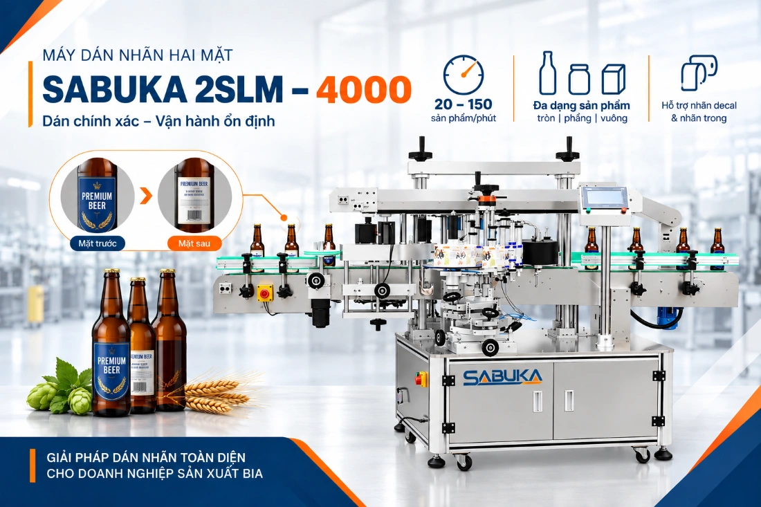 Máy dán nhãn hai mặt SABUKA 2SLM–4000 dán nhãn trước và sau cho dây chuyền sản xuất bia