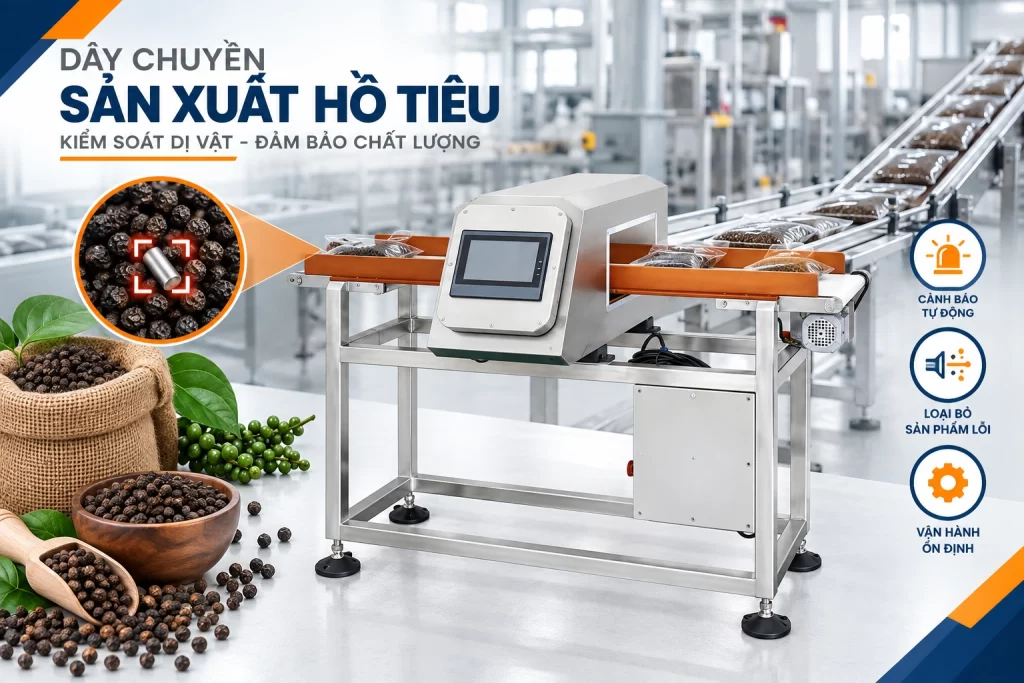 Máy dò kim loại nông sản trong dây chuyền sản xuất tiêu