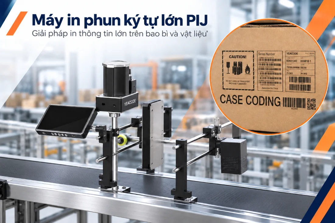 Máy in phun ký tự lớn PIJ in thông tin, mã vạch và QR Code trên bao bì