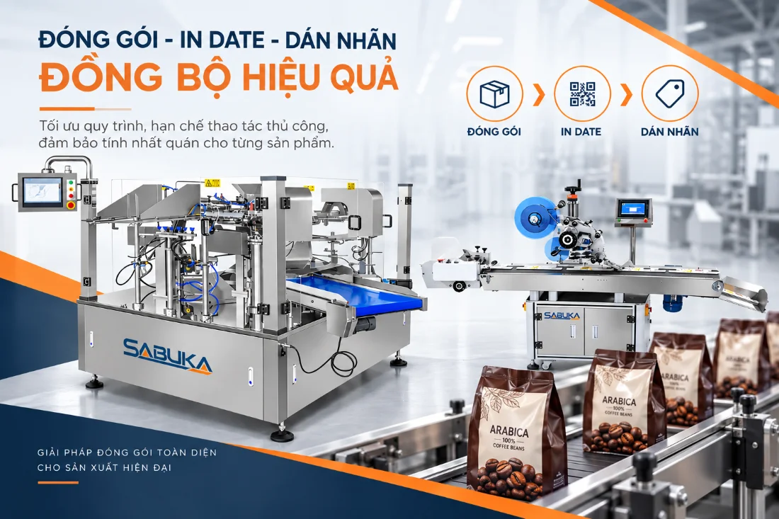 Dây chuyền đóng gói cà phê tự động, tích hợp dán nhãn và hoàn thiện bao bì