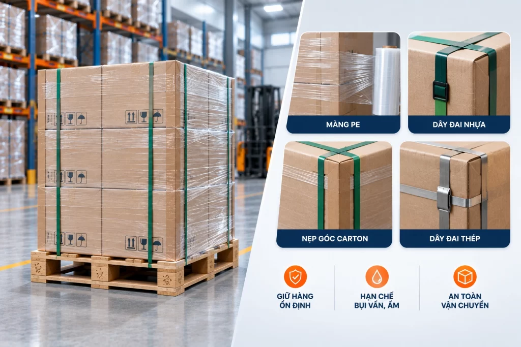 Cố định pallet bằng màng PE, dây đai hoặc nẹp góc