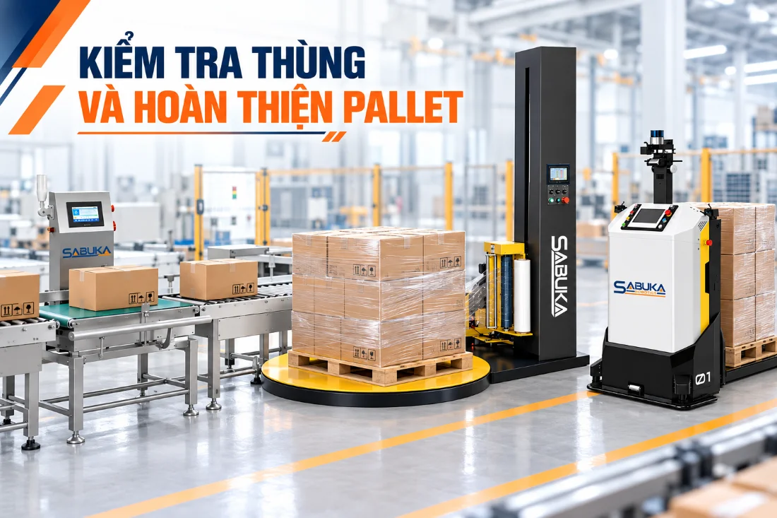 Kiểm tra thùng và quấn màng pallet trong dây chuyền đóng gói mì tôm tự động