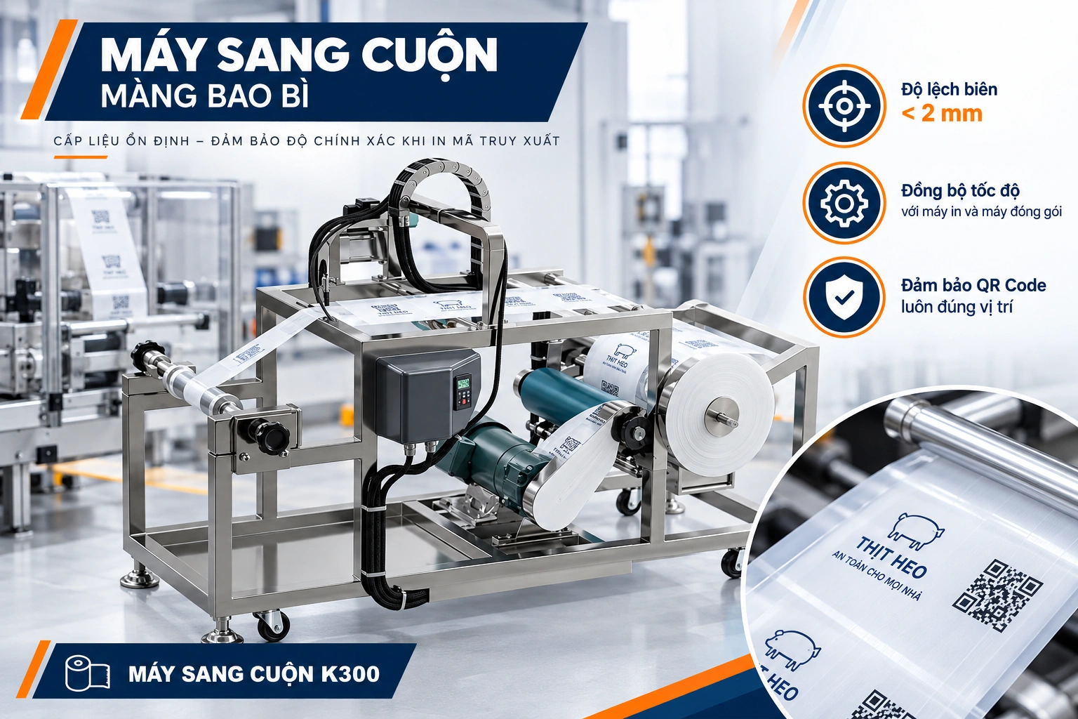 Máy sang cuộn bao bì thịt heo truy xuất nguồn gốc